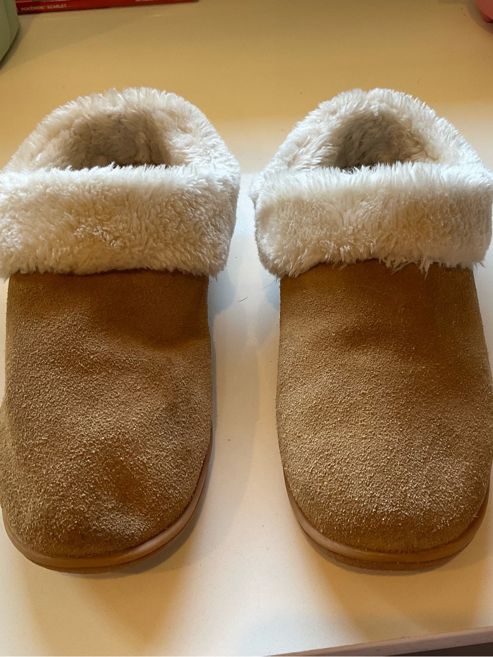 Minnetonka Chestnut Suede Faux-Shearling Mule Slippers